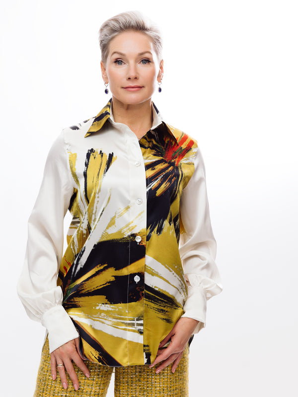 GOLD, BLACK & WHITE SILK BLOUSE