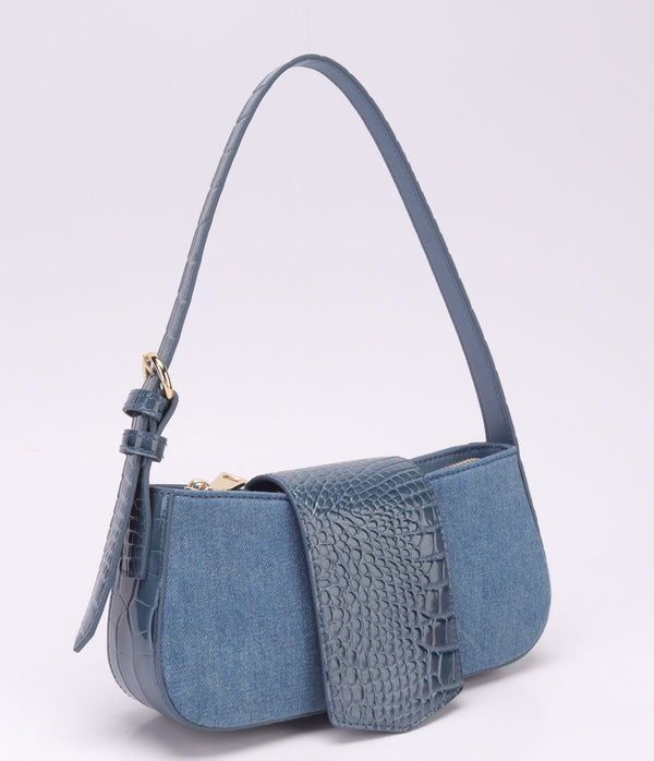 Compact and Stylish Shoulder Bag.  Washed denim & luxurious croco cow leather